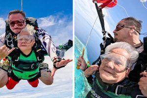 Egy 82 éves nagymama azzal bizonyítja, hogy fiatalabb, mint valaha, hogy először ugrik ejtőernyővel